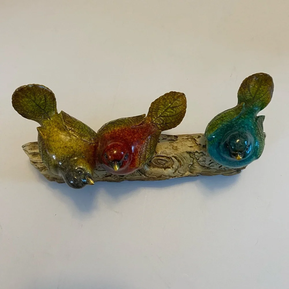 Three Birds On A Branch Ceramic Decor. Red Yellow & Blue Friends 9”branch